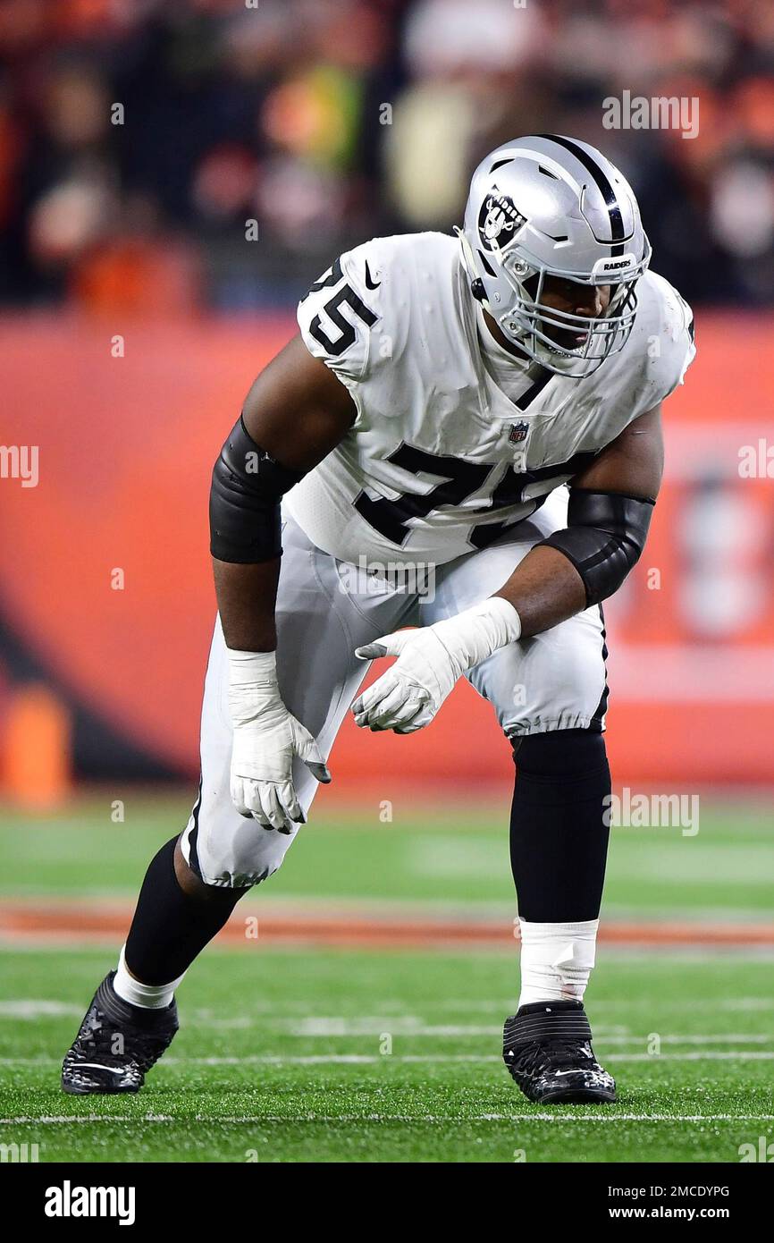 Las Vegas Raiders offensive tackle Brandon Parker (75) lines up for the  play during an NFL wild-card playoff football game against the Cincinnati  Bengals, Saturday, Jan. 15, 2022, in Cincinnati. (AP Photo/Emilee