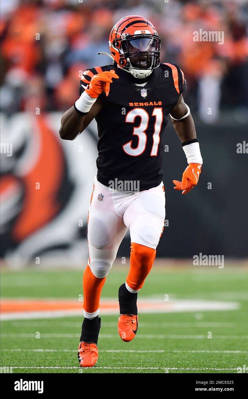 Cincinnati Bengals defensive back Michael Thomas (31) runs for the play  during an NFL wild-card playoff football game against the Las Vegas  Raiders, Saturday, Jan. 15, 2022, in Cincinnati. (AP Photo/Emilee Chinn