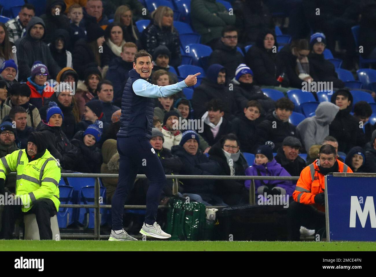 Cardiff, UK. 21st Jan, 2023. Dean Whitehead, the interim manager of Cardiff city looks on from the touchline. EFL Skybet championship match, Cardiff city v Millwall at the Cardiff City Stadium in Cardiff, Wales on Saturday 21st January 2023. this image may only be used for Editorial purposes. Editorial use only, license required for commercial use. No use in betting, games or a single club/league/player publications. pic by Andrew Orchard/Andrew Orchard sports photography/Alamy Live news Credit: Andrew Orchard sports photography/Alamy Live News Stock Photo