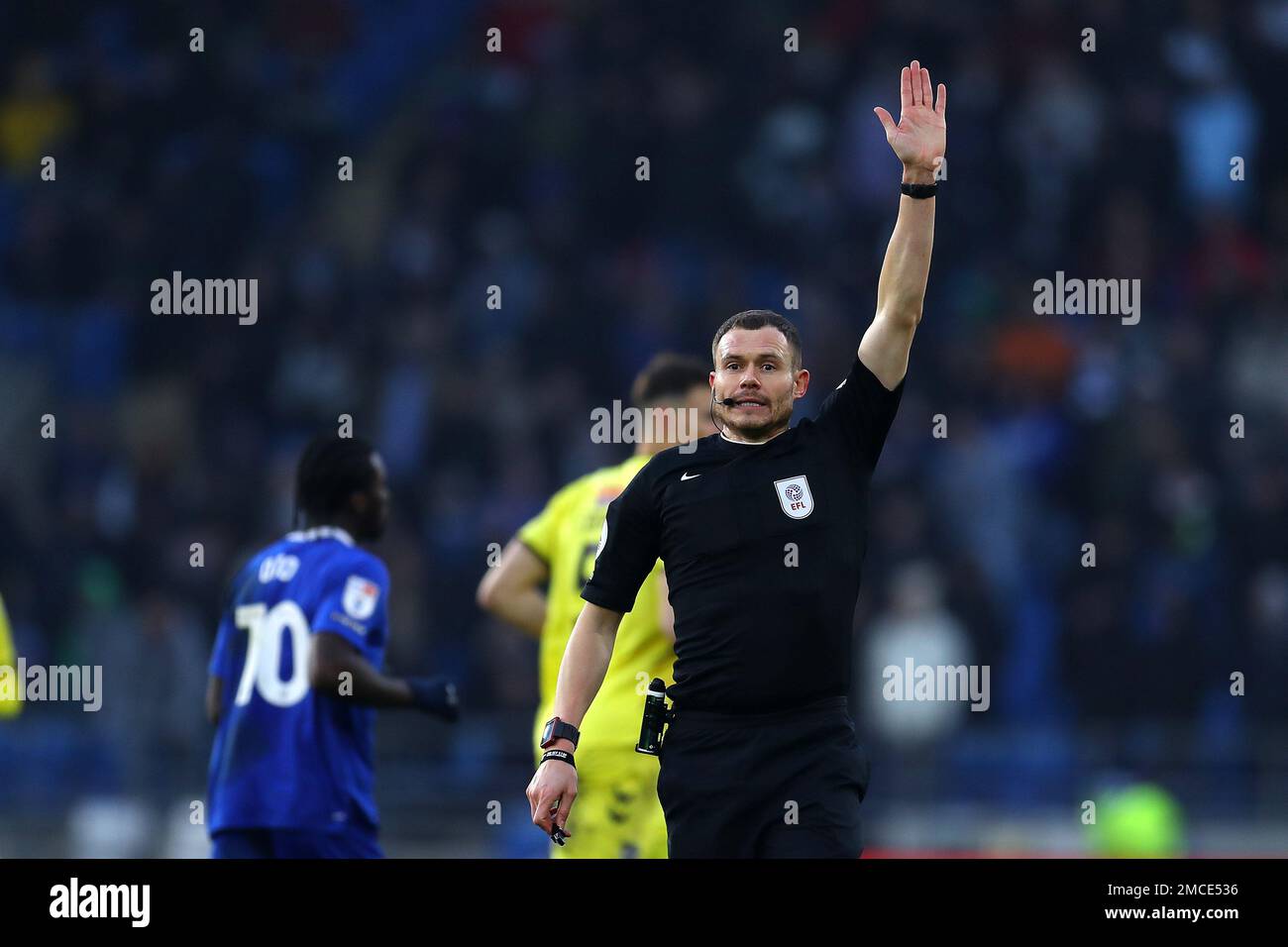 Cardiff, UK. 21st Jan, 2023. Referee Leigh Doughty . EFL Skybet championship match, Cardiff city v Millwall at the Cardiff City Stadium in Cardiff, Wales on Saturday 21st January 2023. this image may only be used for Editorial purposes. Editorial use only, license required for commercial use. No use in betting, games or a single club/league/player publications. pic by Andrew Orchard/Andrew Orchard sports photography/Alamy Live news Credit: Andrew Orchard sports photography/Alamy Live News Stock Photo