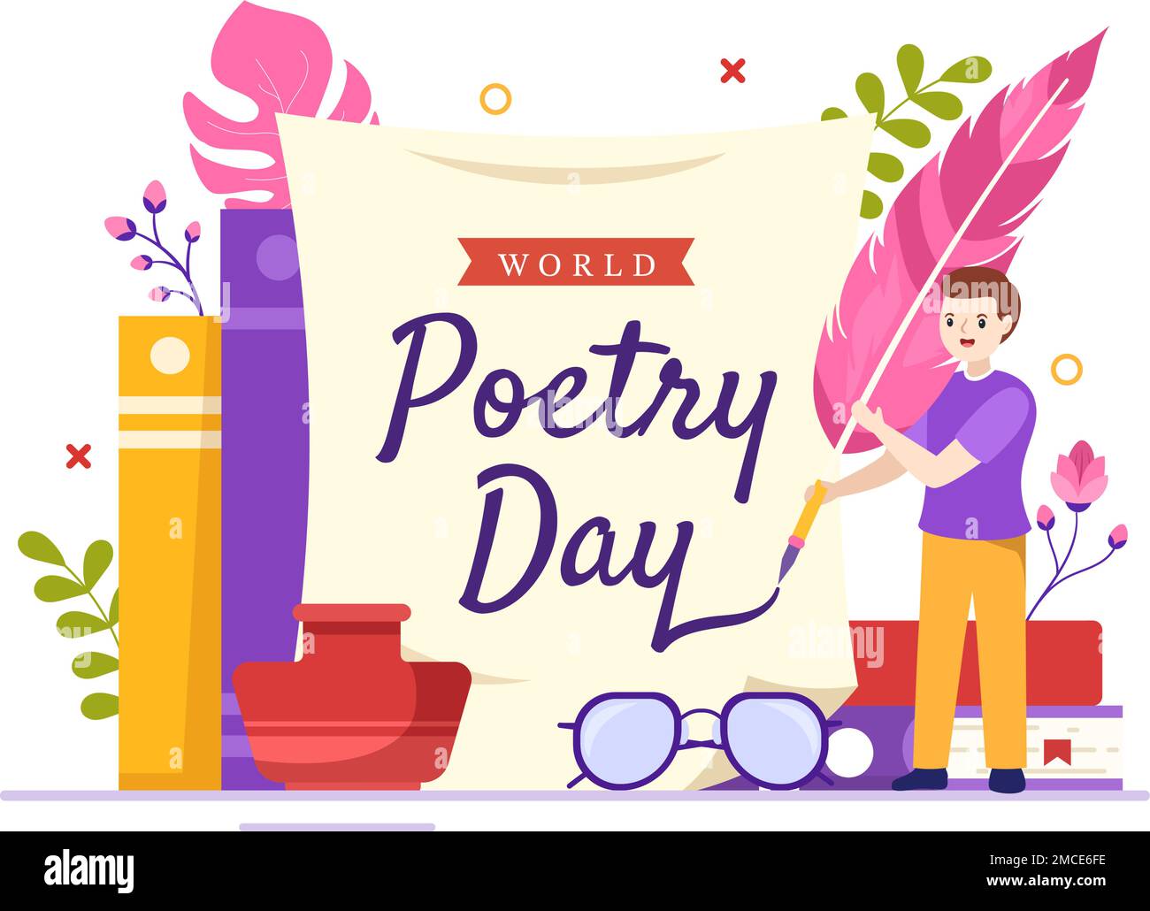 World Poetry Day on March 21 Illustration with a Quill, Paper or Typewriter for Web Banner or Landing Page in Flat Cartoon Hand Drawn Templates Stock Vector