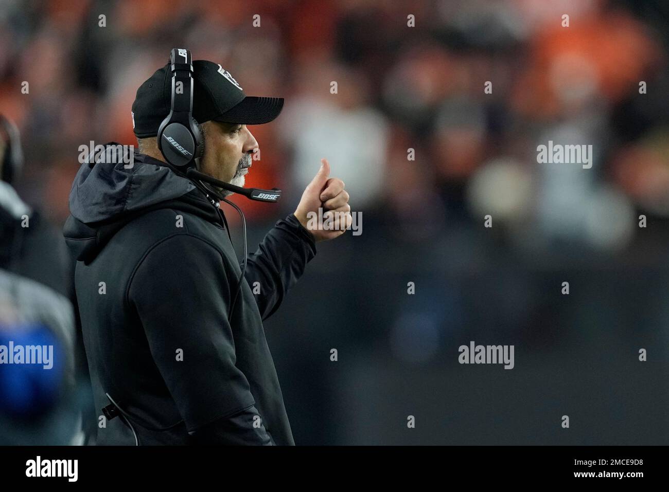 Las Vegas Raiders interim head coach Rich Bisaccia watches during the