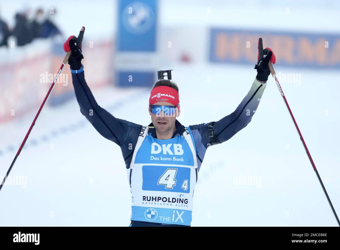 Philipp Nawrath of Germany crosses the finish line during the men's 4x7