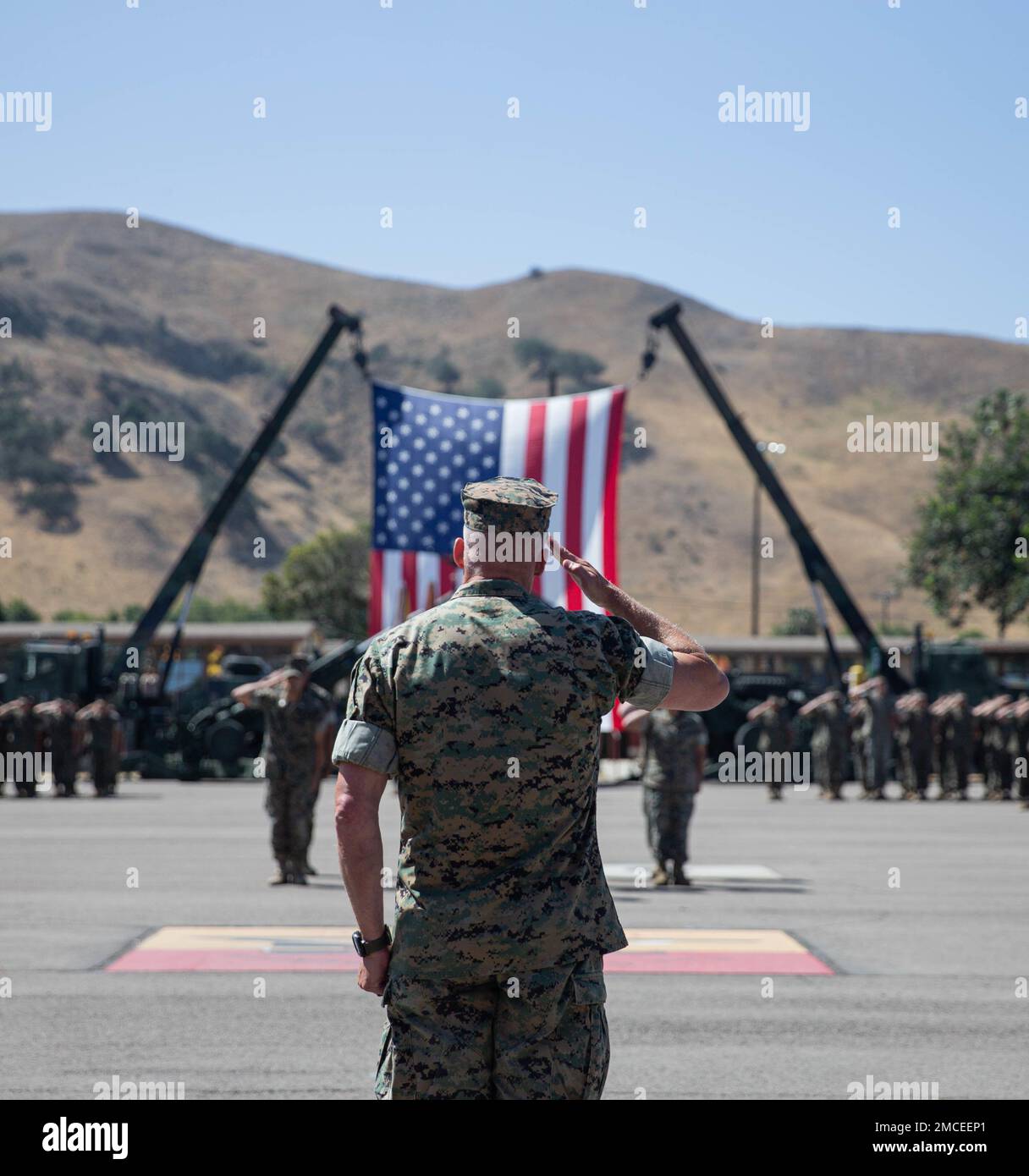 U.S. Marine Corps Maj. Gen. Roger B. Turner, the commanding general of 1st Marine Division, salutes during a change of command ceremony at Marine Corps Base Camp Pendleton, California, June 30, 2022. During the ceremony, Col. Daniel Skuce relinquished command of 11th Marine Regiment to Col. Patrick Eldridge. Stock Photo