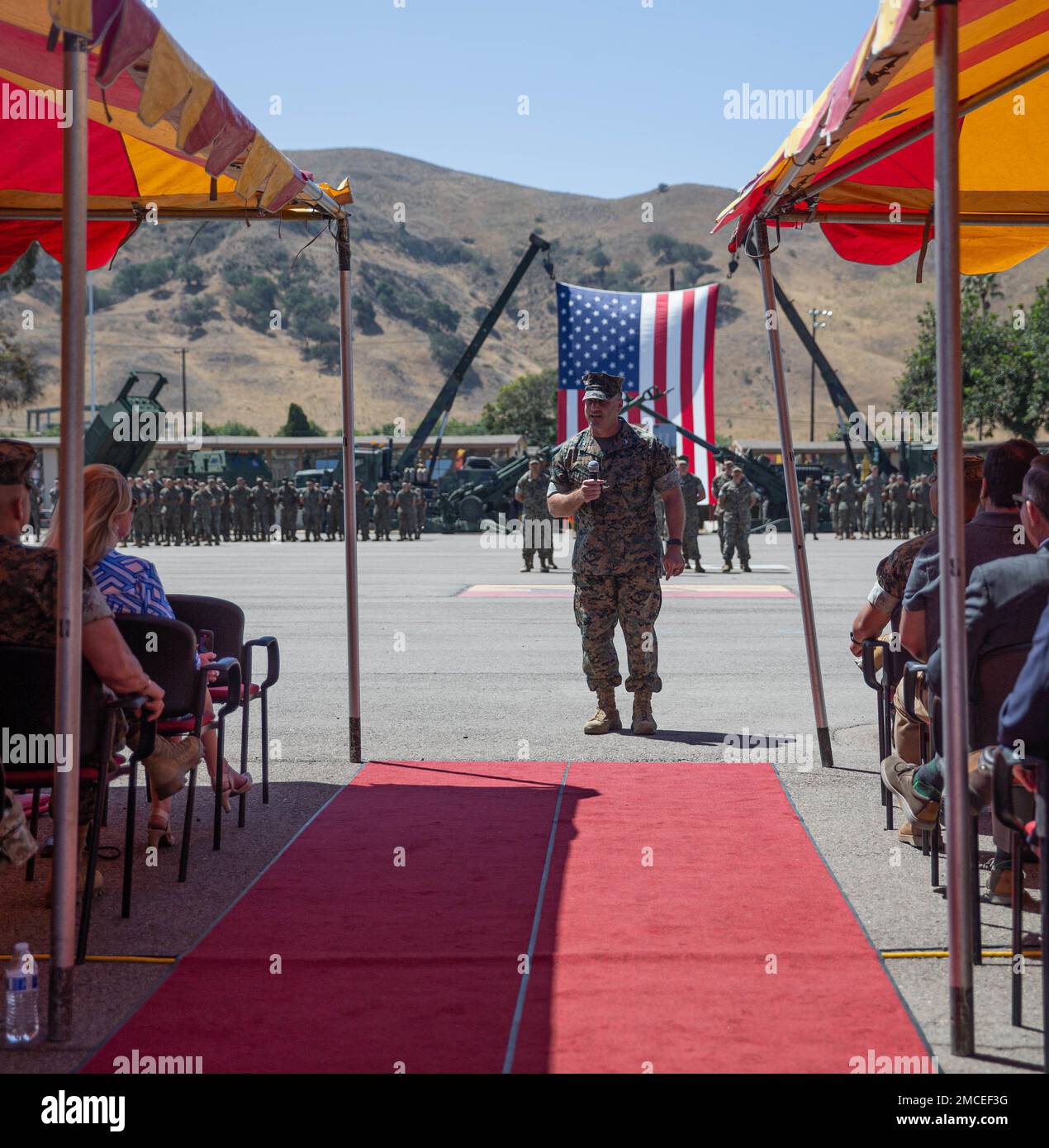 U.S. Marine Corps Col. Patrick Eldridge, the incoming commanding officer of 11th Marine Regiment, 1st Marine Division, speaks to Marines and families during a change of command ceremony at Marine Corps Base Camp Pendleton, California, June 30, 2022. During the ceremony, Col. Daniel Skuce relinquished command of 11th Marine Regiment to Eldridge. Stock Photo