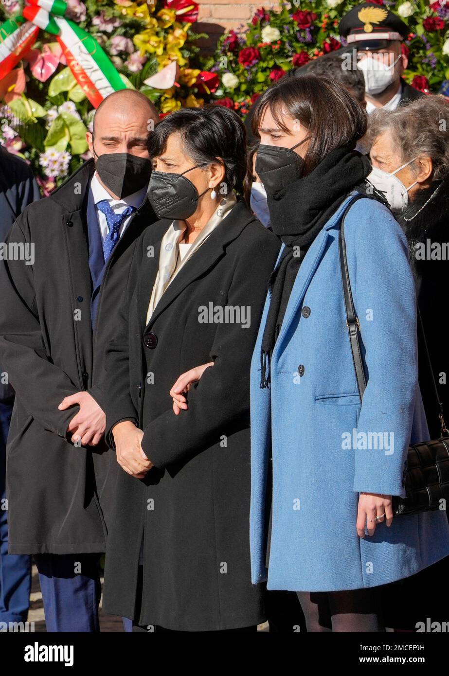From right, daughter Livia, wife Alessandra Vittorini, and son Giulio watch  the coffin leaving at the end of the state funerals of late EU Parliament  President David Sassoli at Santa Maria degli