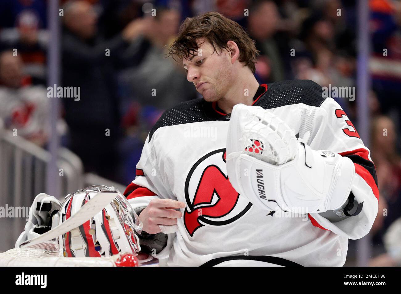 New Jersey Devils goaltender Jon Gillies (32) reacts against the New