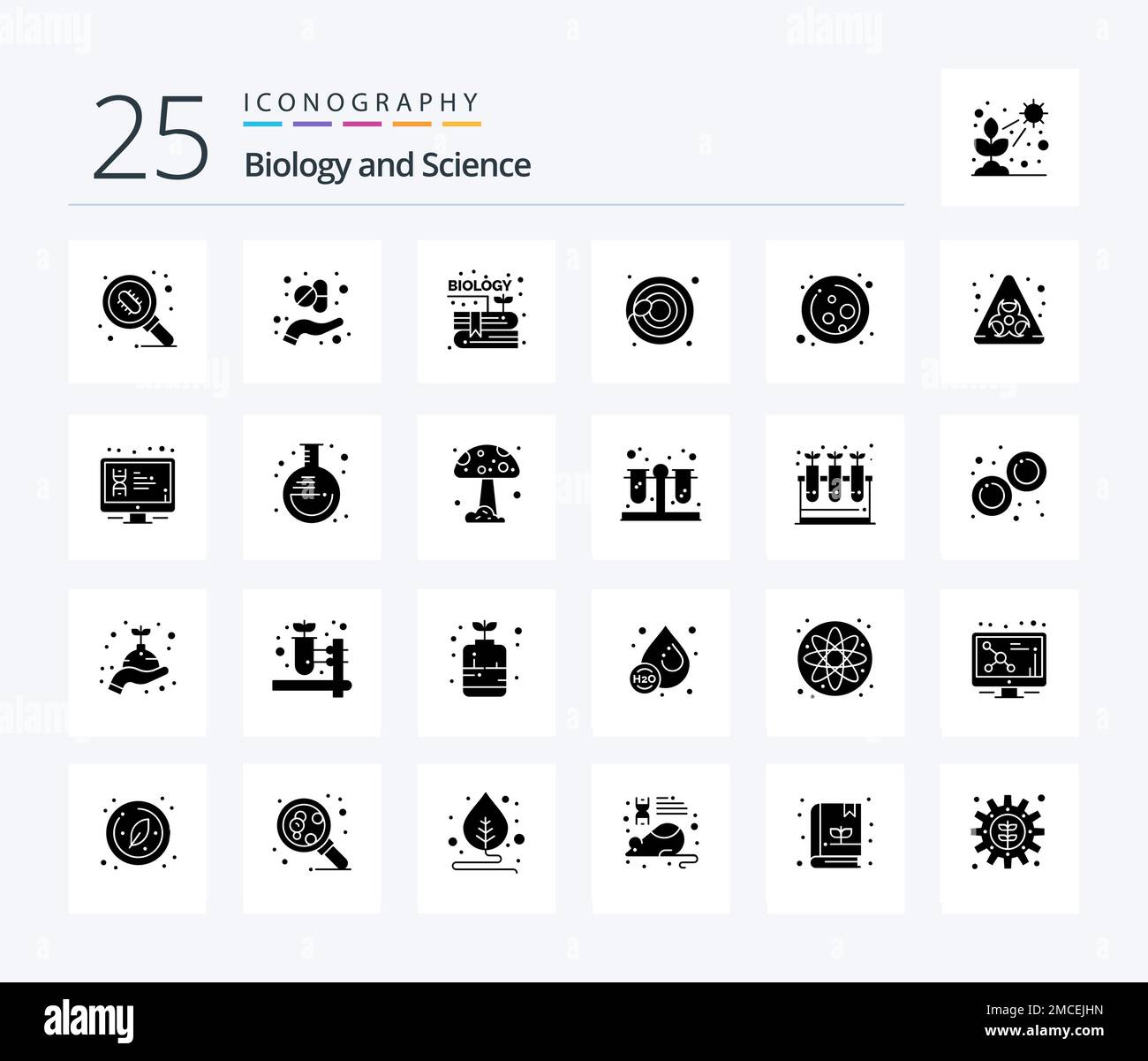 Biology 25 Solid Glyph icon pack including science. cell. book. sperm