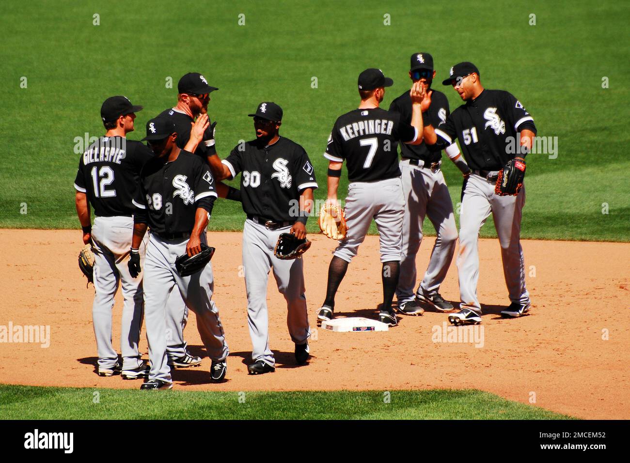 The Chicago White Sox baseball team congratulates each other with high fives after a game victory Stock Photo