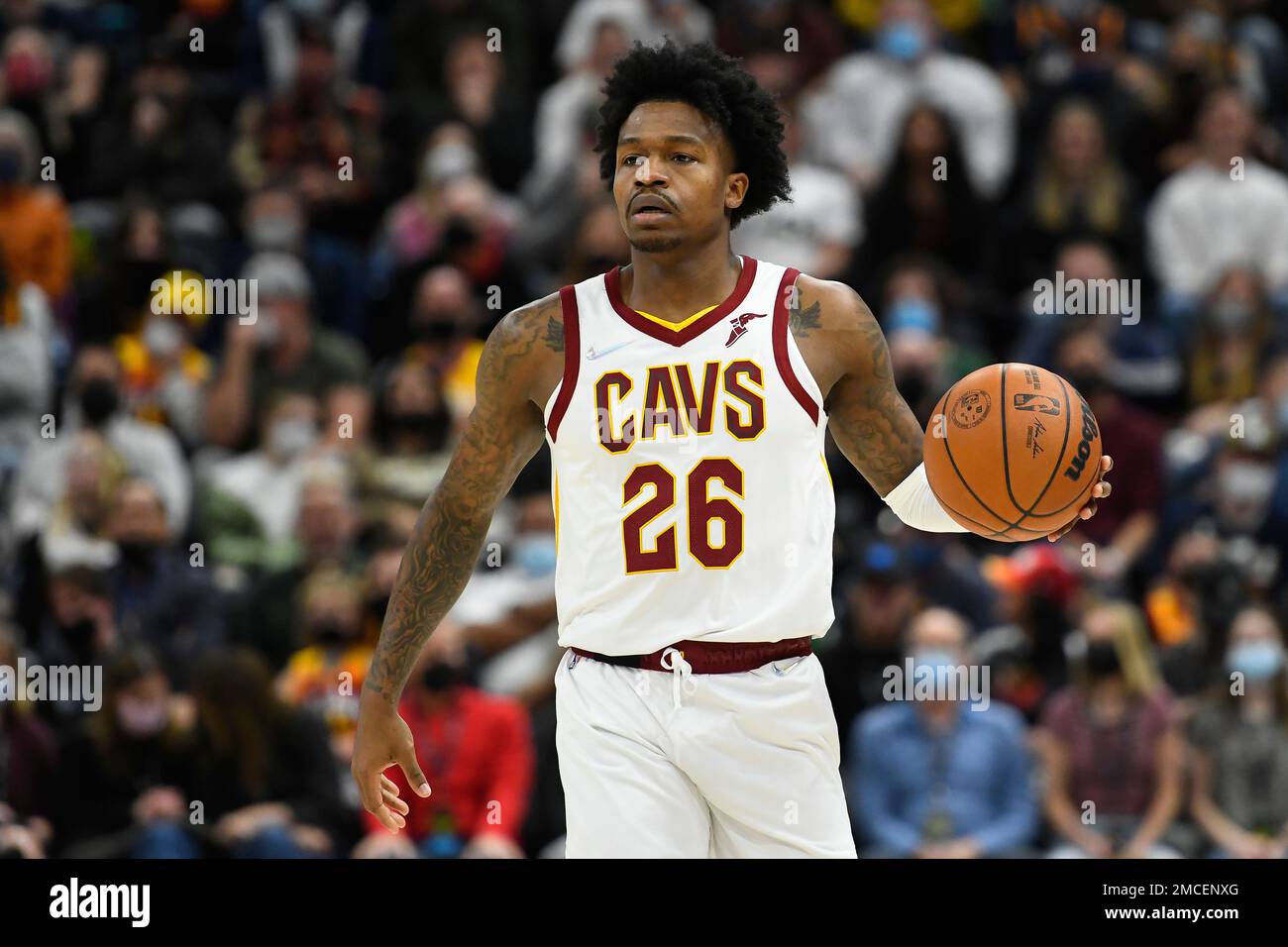 Cleveland Cavaliers guard Brandon Goodwin brings the ball down the court  during the first half of an NBA basketball game against the Utah Jazz  Wednesday, Jan. 12, 2022, in Salt Lake City. (