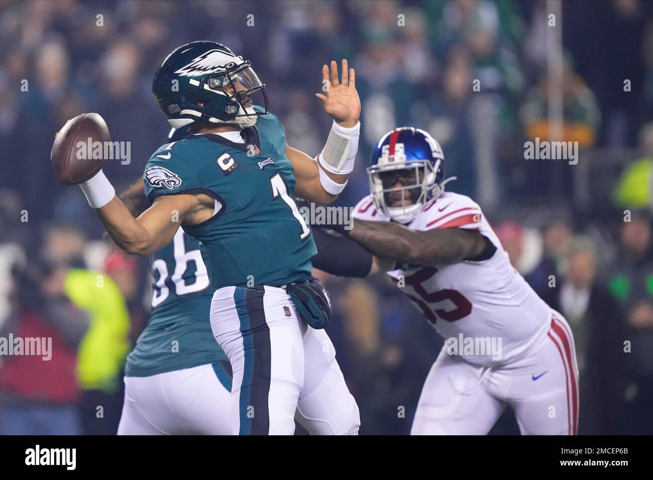 Philadelphia Eagles quarterback Jalen Hurts (1) looks on during the NFL  divisional round playoff football game against the New York Giants,  Saturday, Jan. 21, 2023, in Philadelphia. (AP Photo/Chris Szagola Stock  Photo - Alamy