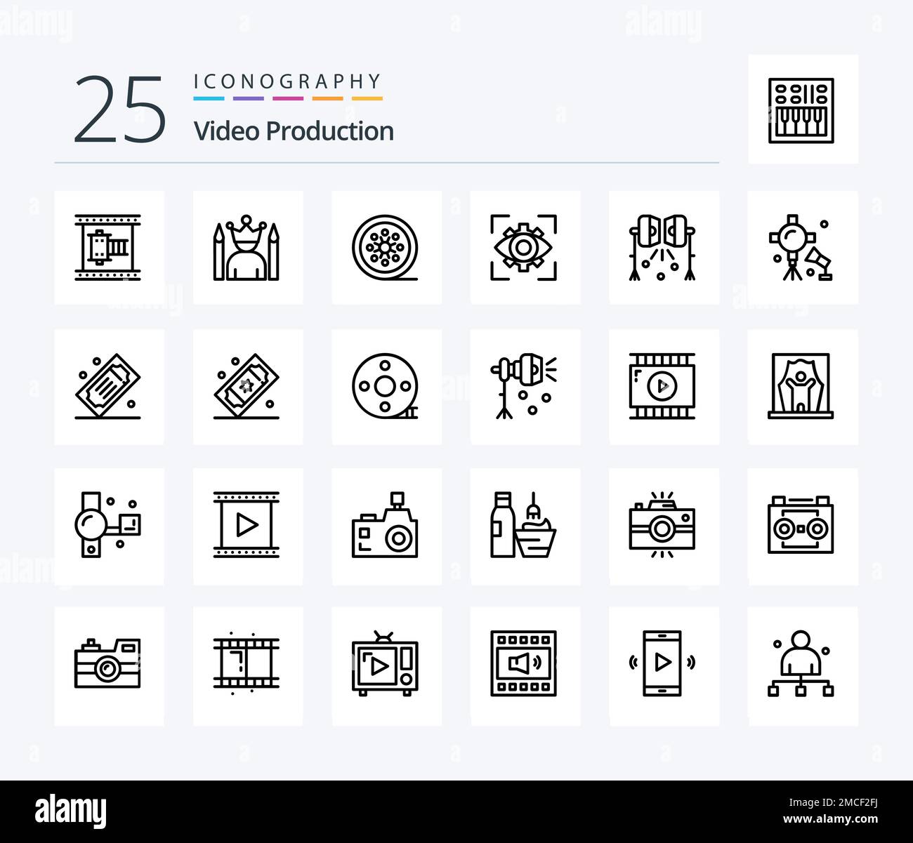 Video Production 25 Line icon pack including imagination. eyesight. superhero. vintage reel. movie reel Stock Vector