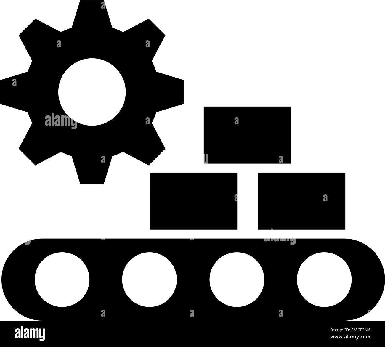 Conveyor belt, cardboard and gear silhouette icon. Manufacturing