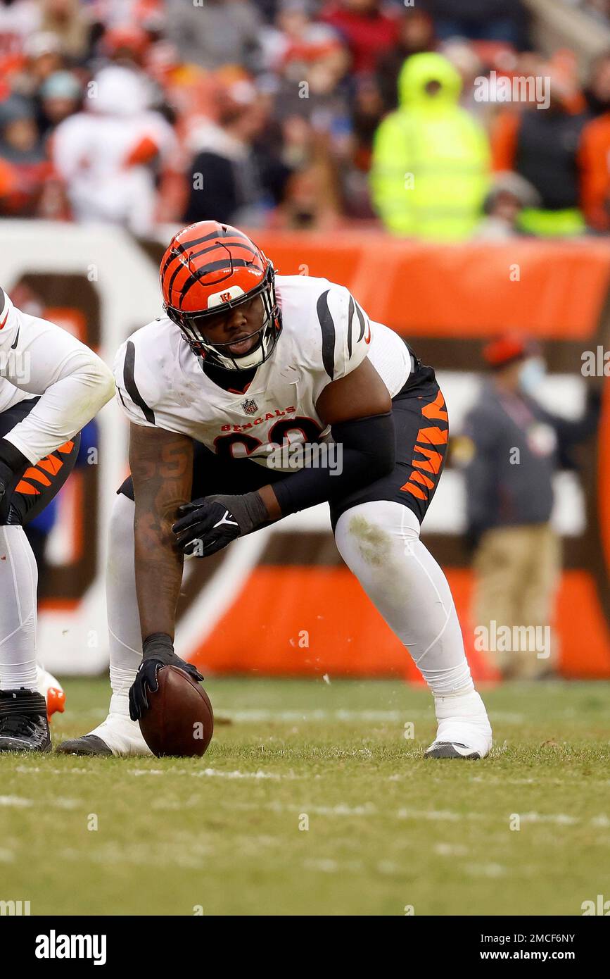 Cincinnati Bengals center Trey Hill (63) lines up for a play during an NFL  football game against the Cleveland Browns, Sunday, Jan. 9, 2022, in  Cleveland. (AP Photo/Kirk Irwin Stock Photo - Alamy