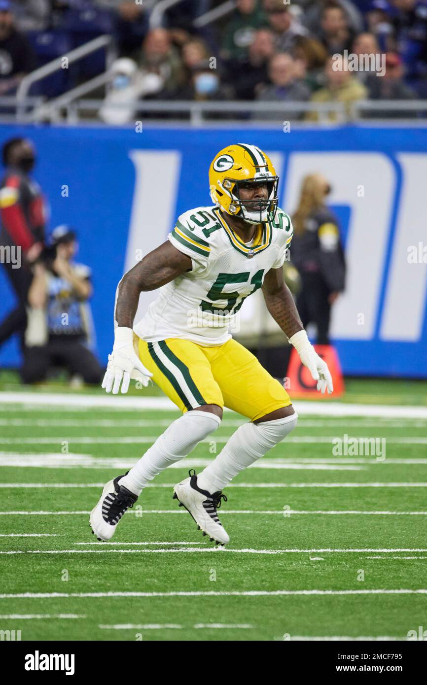 16th January 2021; Lambeau Field, Green Bay, WI, USA; Green Bay Packers  inside linebacker Krys Barnes (51) calls a play during a NFL Divisional  Playoff game between the Green Bay Packers and