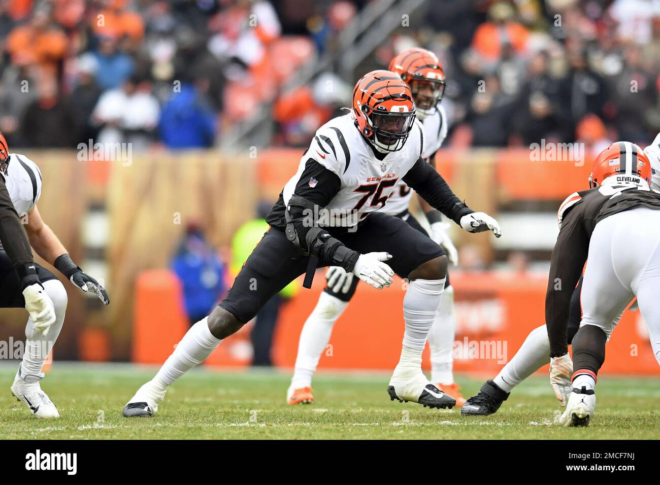 Cincinnati Bengals offensive tackle Isaiah Prince (75) plays in the first  half of an NFL football game against the Cleveland Browns, Sunday, Jan. 9,  2022, in Cleveland. (AP Photo/Nick Cammett Stock Photo - Alamy