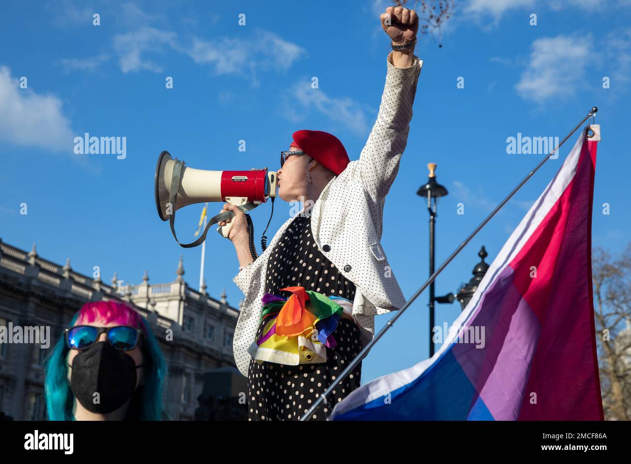 London, UK. 21 January, 2023. Trans rights activists attend a protest opposite Downing Street. The protest was organised by London Trans Pride following the UK government's decision to use Section 35 of the Scotland Act to block Scotland's Gender Recognition Reform Bill which would have made it easier for trans people to obtain a Gender Recognition Certificate (GRC) in Scotland. Credit: Mark Kerrison/Alamy Live News Stock Photo