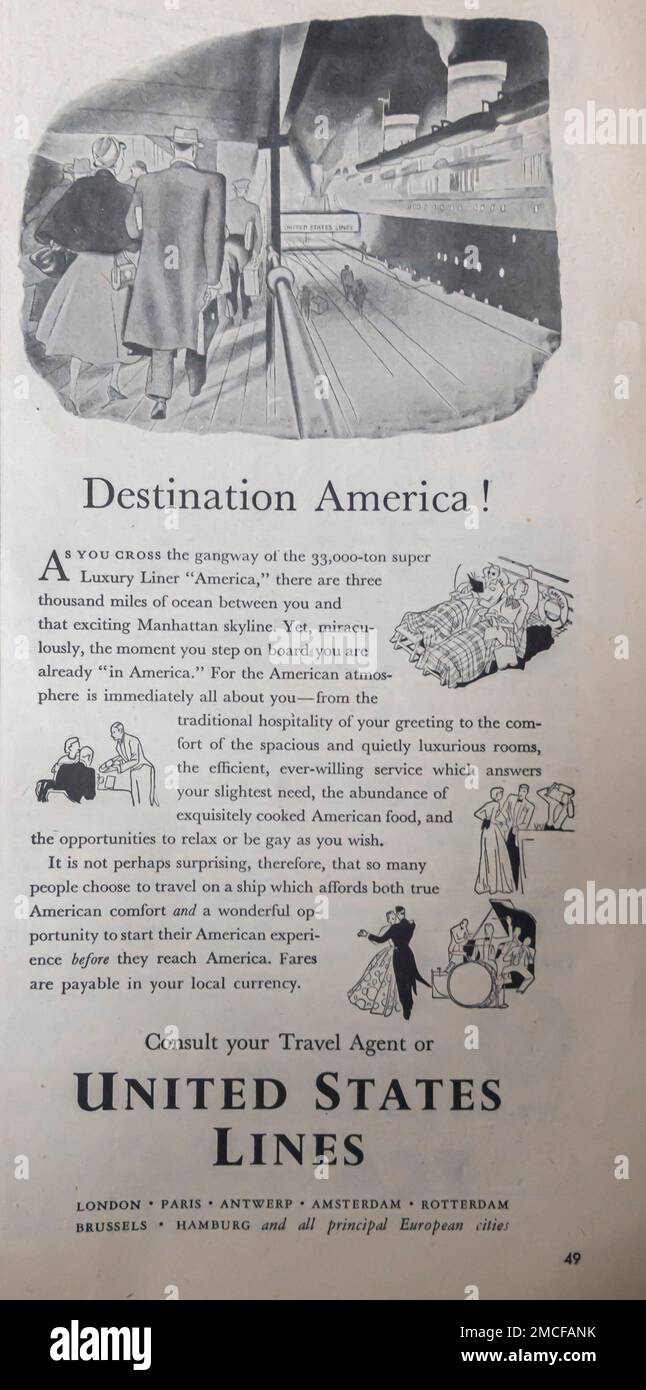 United States Lines luxury line Destination America advert in a magazine 1951 Stock Photo