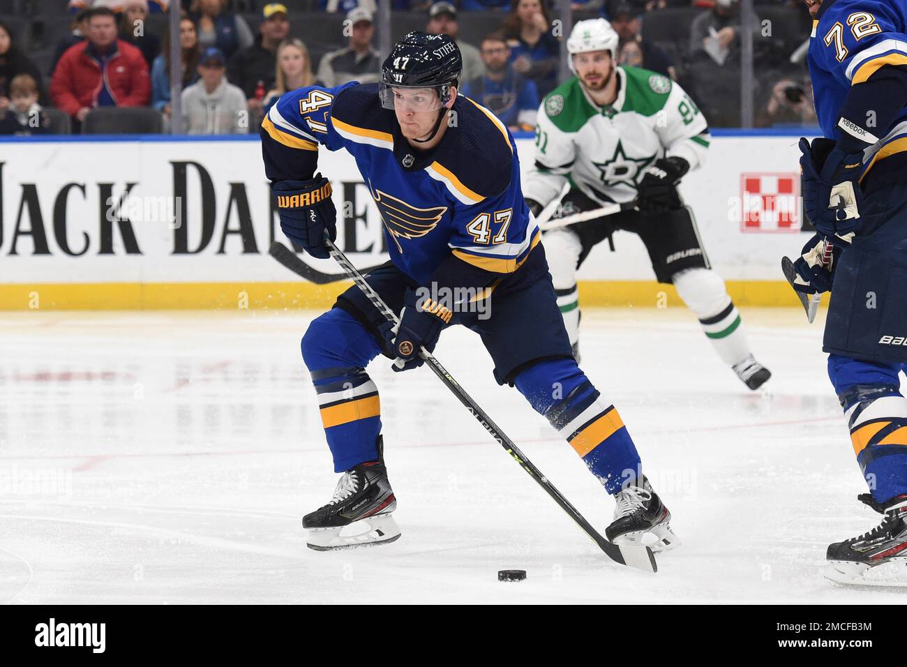 St. Louis Blues left wing David Perron (57) skates against the Dallas Stars  during the first period of an NHL hockey game Sunday, Jan. 9, 2022, in St.  Louis. (AP Photo/Joe Puetz