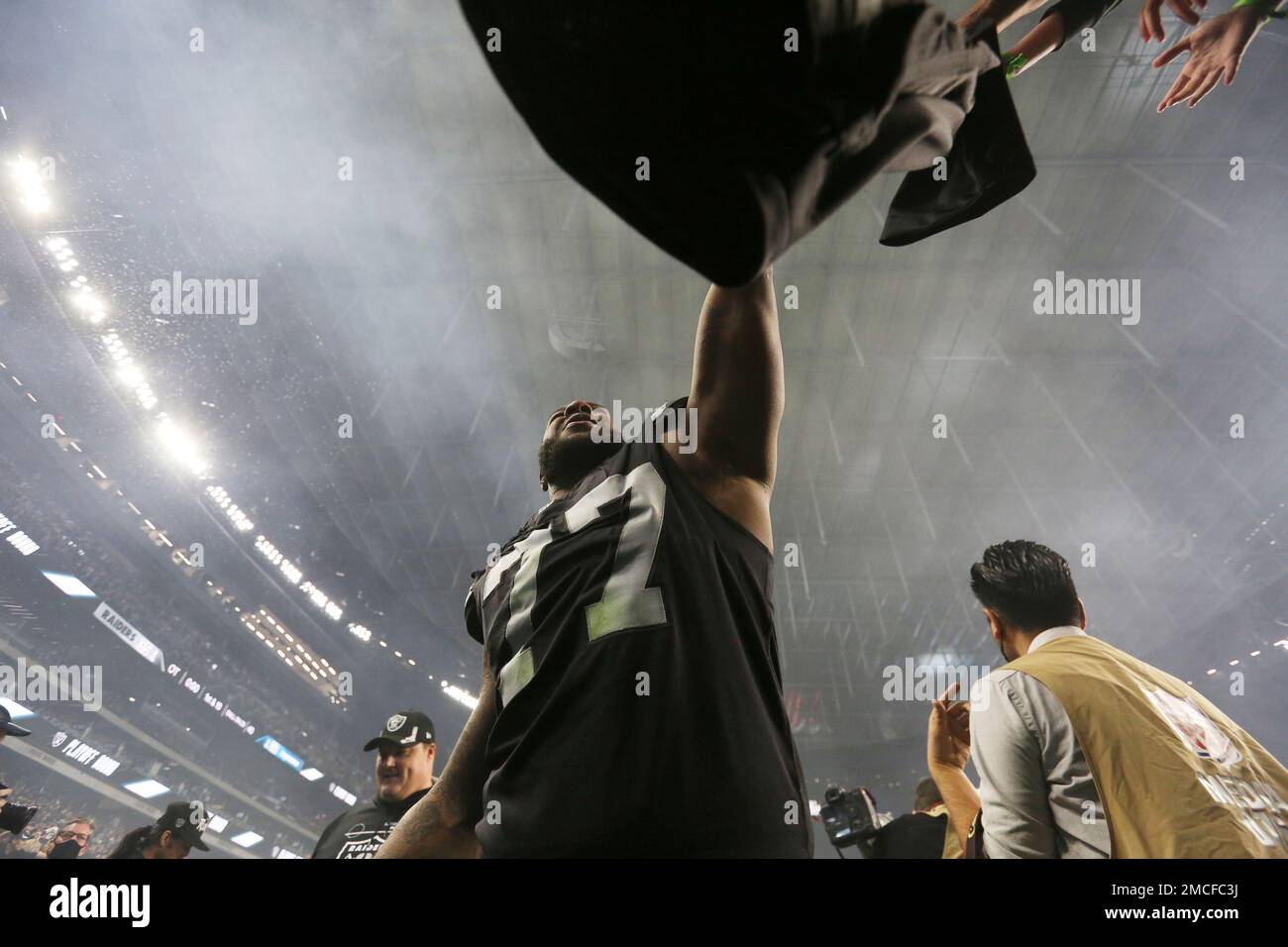 Raiders defensive tackle Quinton Jefferson (77) leaves the field after  defeating the Philadelph …