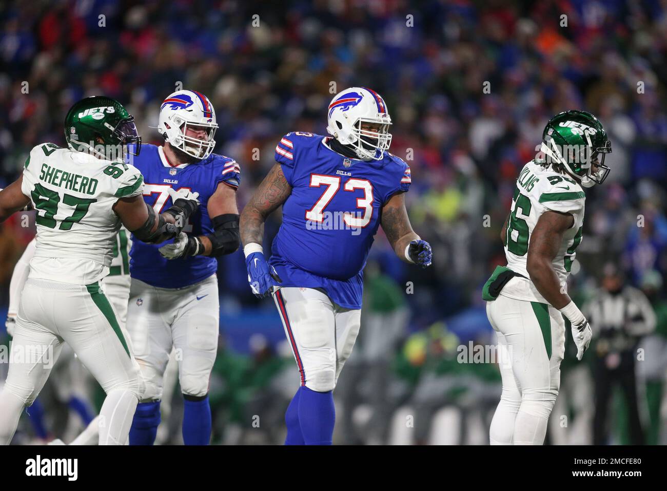 Buffalo Bills tackle Dion Dawkins (73) runs on the field during the second  half of an NFL football game against the New York Jets in Orchard Park,  N.Y., Sunday, Dec. 11, 2022. (