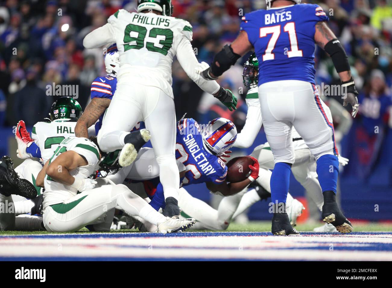 Buffalo Bills running back Devin Singletary (26) celebrates his touchdown  with quarterback Josh …