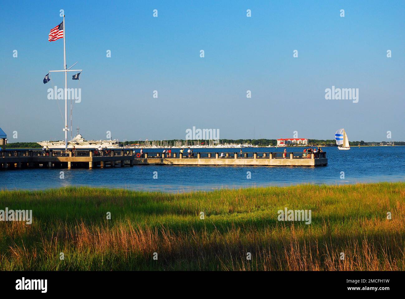 Waterfront Park and Vendue Pier of Charleston juts into the Cooper