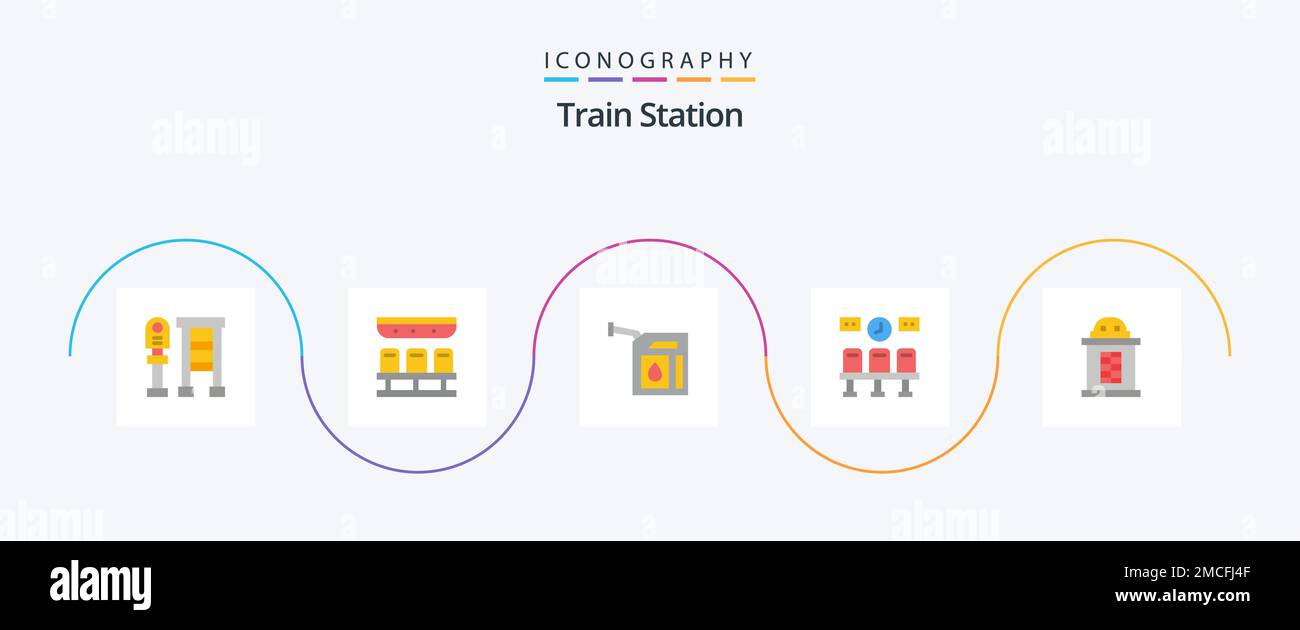 Train Station Flat 5 Icon Pack Including house. clock. car. transportation. seats Stock Vector