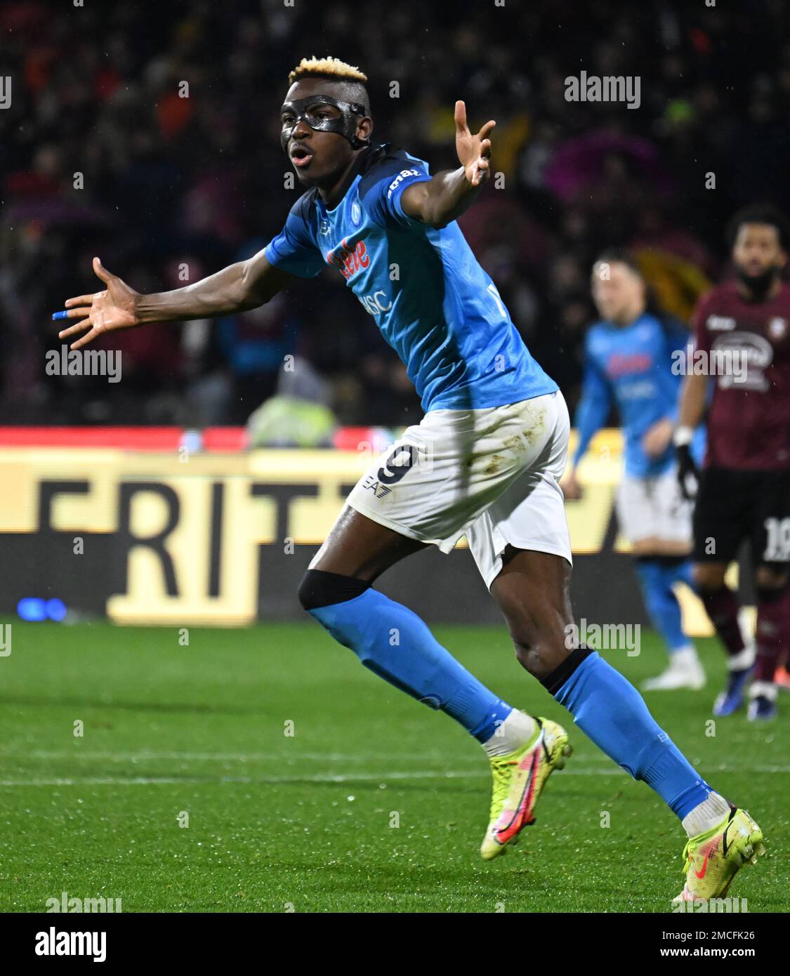 Salerno, Italy. 21st Jan, 2023. Napoli's Victor Osimhen celebrates his goal during a Serie A football match between Napoli and Salernitana in Salerno, Italy, Jan. 21, 2023. Credit: Alberto Lingria/Xinhua/Alamy Live News Stock Photo