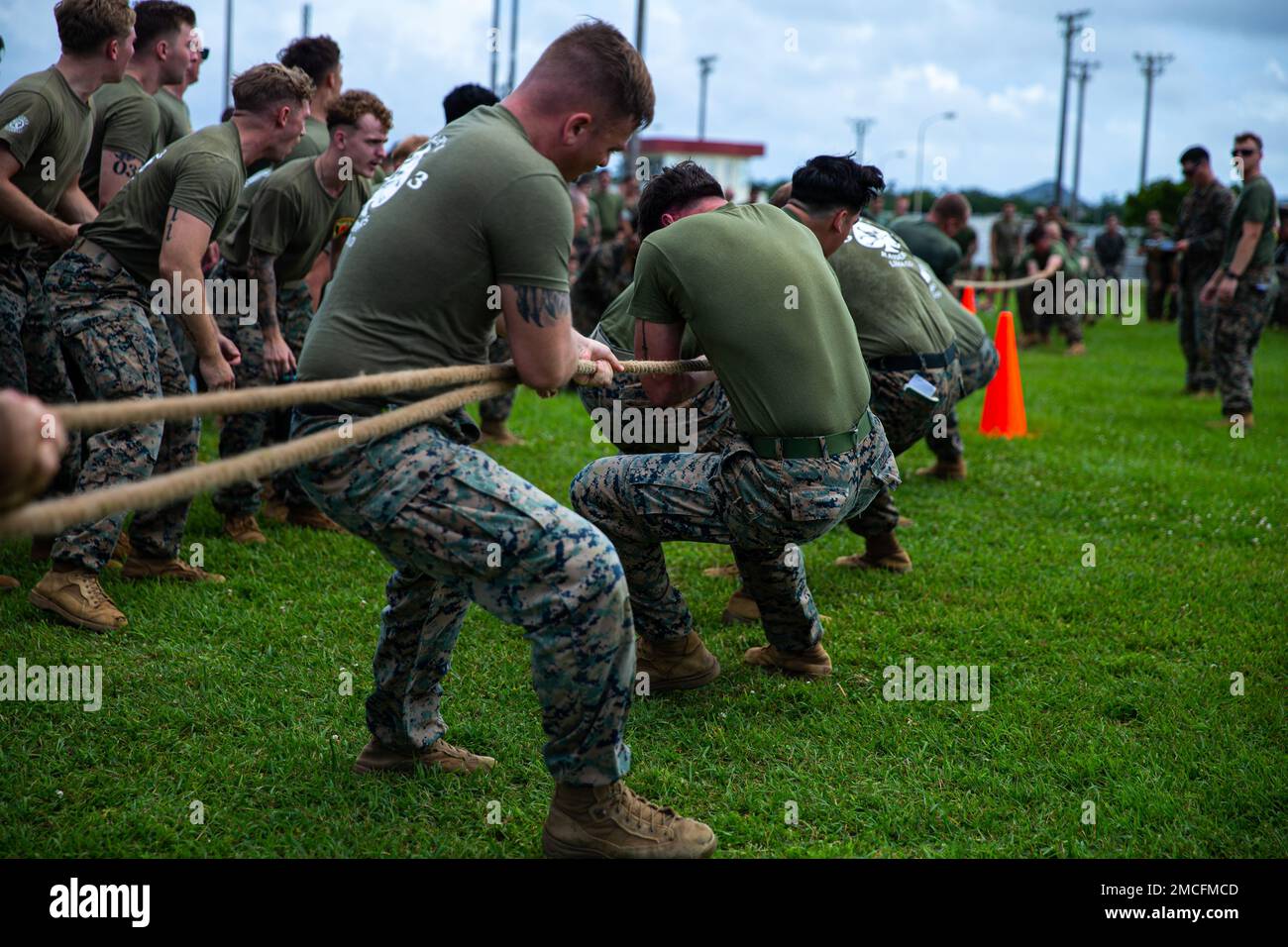 U.S. Marines with 3d Battalion, 3d Marines participate in a tug of war competition the Trinity Games at Camp Hansen, Japan, June 30, 2022. The Trinity Games were held to foster the spirit of competition and comradery within the unit. 3/3 is forward deployed in the Indo-Pacific under 4th Marines, 3d Marine Division as part of the Unit Deployment Program. Stock Photo