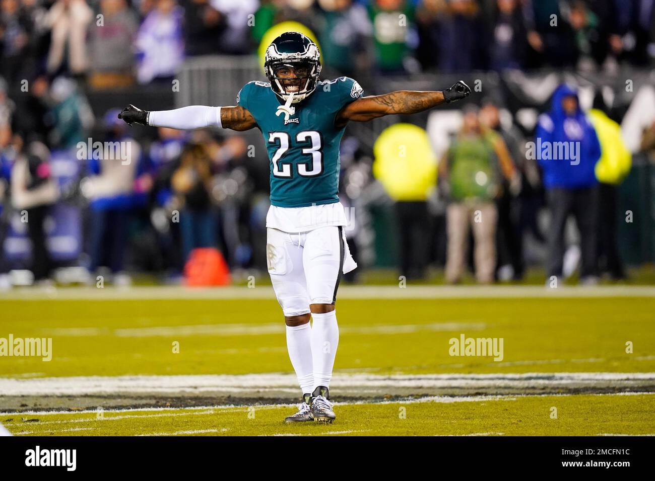 Philadelphia Eagles safety C.J. Gardner-Johnson reacts after a play against  the New York Giants during the first half of an NFL divisional round  playoff football game, Saturday, Jan. 21, 2023, in Philadelphia. (