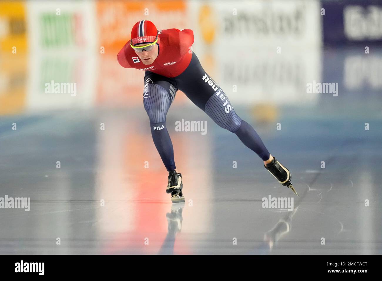 Norway's Sverre Lunde Pedersen competes during the men's 5,000 meters race  of the European Speedskating Championships single distances at the Thialf  ice arena in Heerenveen, northern Netherlands, Saturday, Jan. 8, 2022. (AP