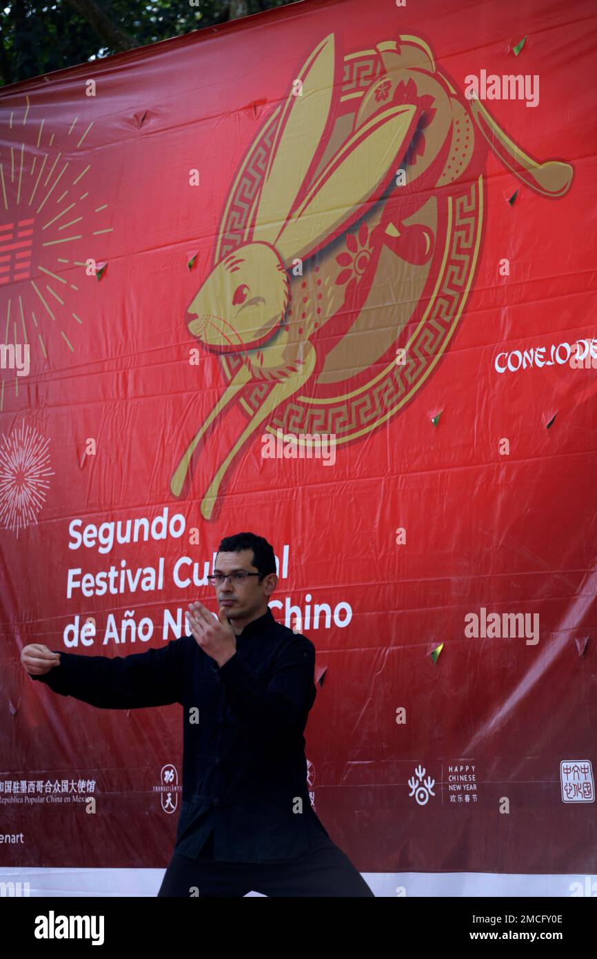 Mexico City, Mexico. 21st Jan, 2023. January 21, 2023, Mexico City, Mexico: Schools of Chinese culture and cultural promoters celebrate the Chinese New Year governed by the symbol of the Water Rabbit at the National Center for the Arts in Mexico City. on January 21, 2023 in Mexico City, Mexico (Photo by Luis Barron/Eyepix Group/Sipa USA). Credit: Sipa USA/Alamy Live News Stock Photo