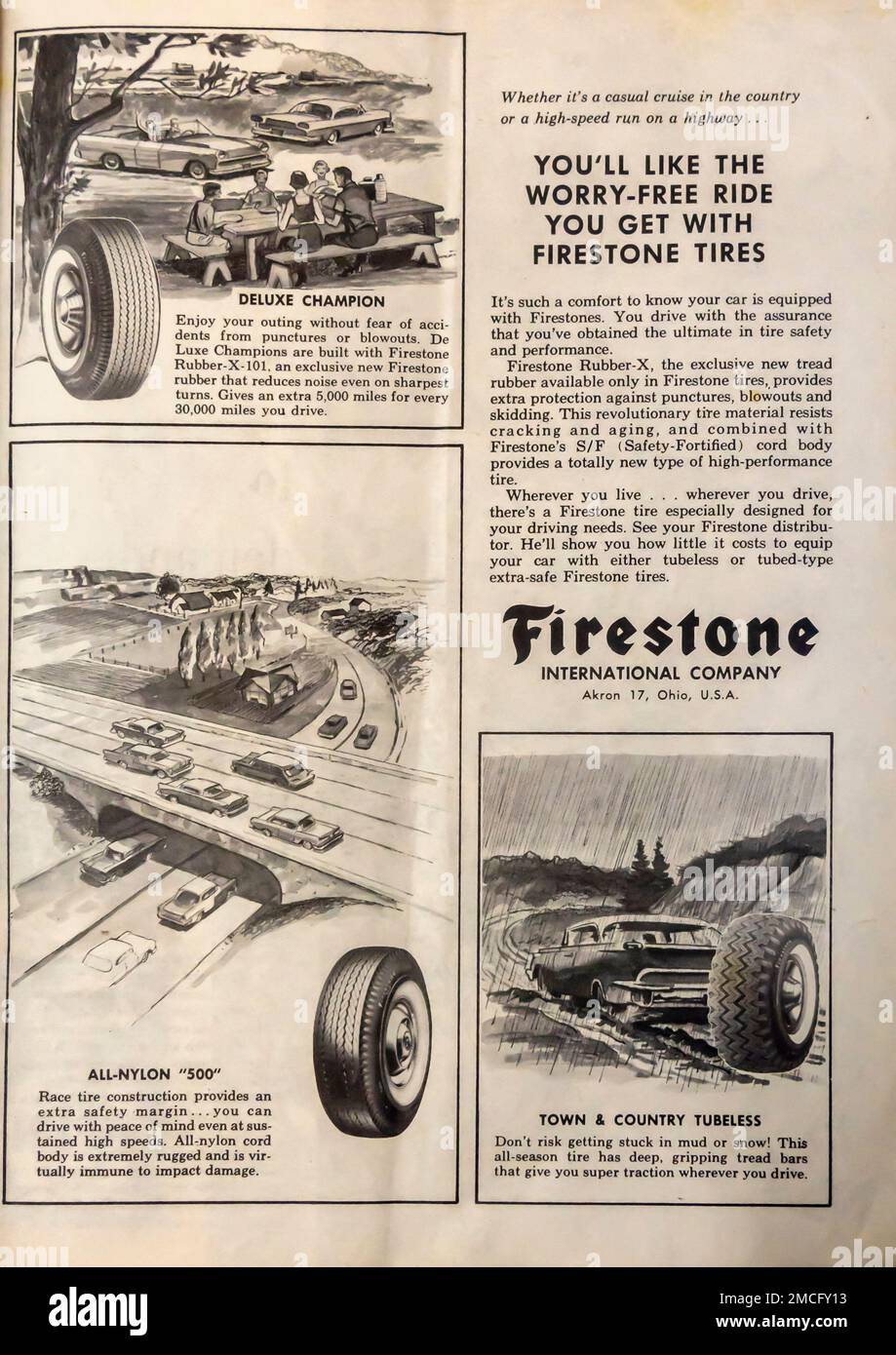 Firestone tires advert in a Time magazine 1960 Stock Photo Alamy