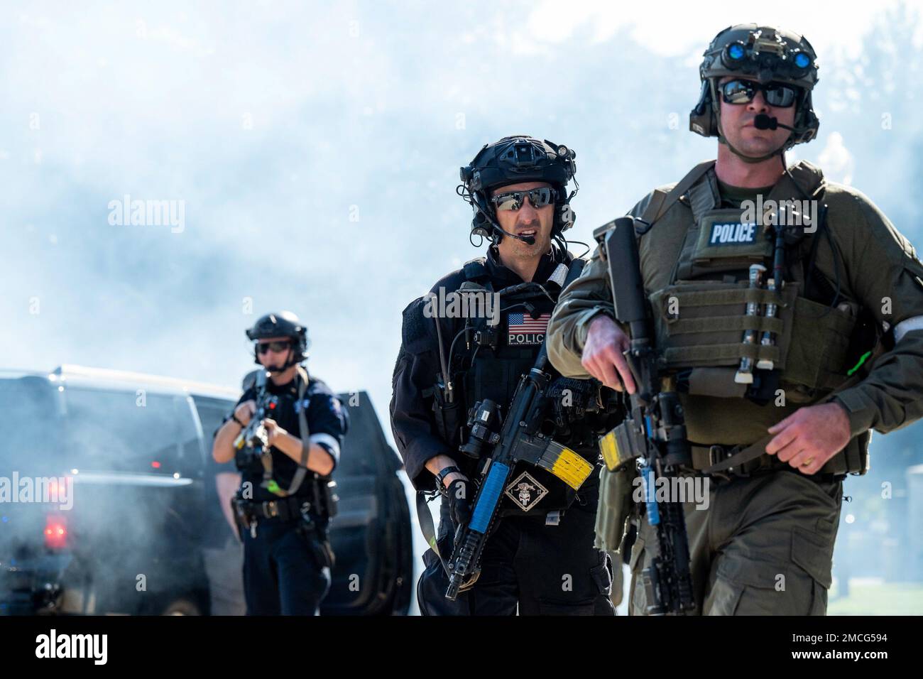 Members of the U.S. Secret Service, New York Police Department Emergency Services Unit, Port Authority Police Department, Federal Bureau of Investigations Special Weapons and Tactics, U.S. Customs and Border Protection Air and Marine Operations, U.S. State Department Diplomatic Security Services and the United Nations Department of Safety and Security Emergency Response Unit, participate in a joint training exercise in preparation for the 77th Session of the United Nations General Assembly at the James J. Rowley Training Center in Laurel, MD, June 30, 2022. Stock Photo