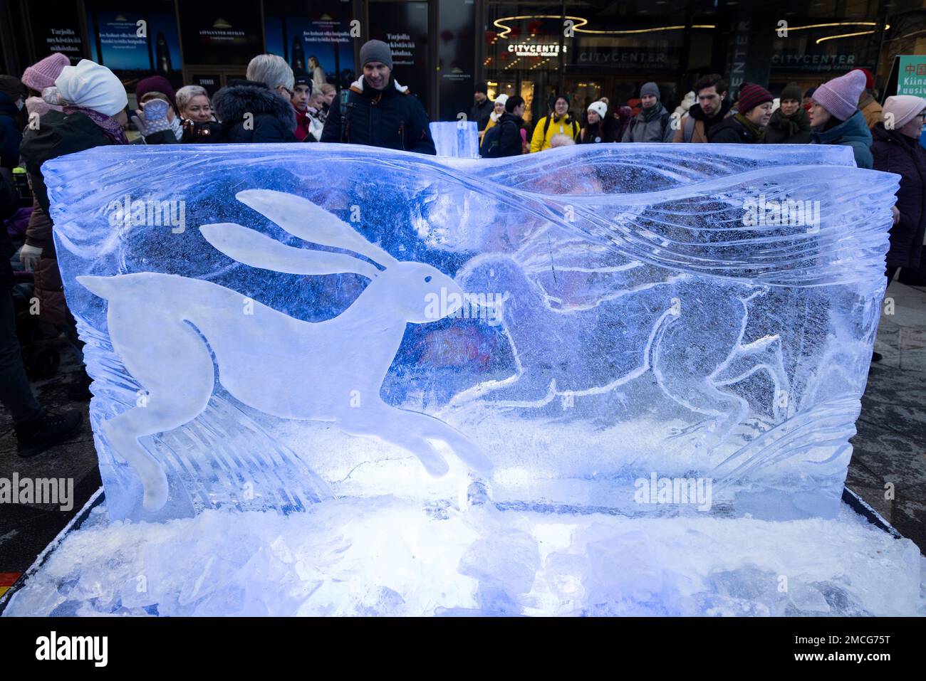 Helsinki. 21st Jan, 2023. This photo taken on Jan. 21, 2023 shows a rabbit-themed ice sculpture made in celebration of the Chinese New Year in Helsinki, Finland. Credit: Matti Matikainen/Xinhua/Alamy Live News Stock Photo