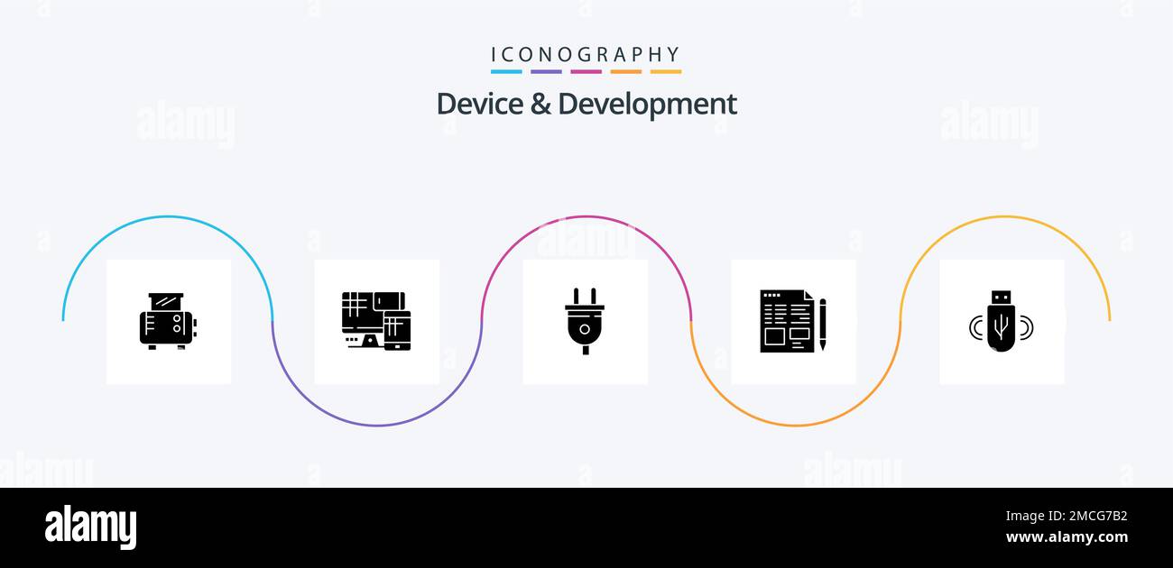 Device And Development Glyph 5 Icon Pack Including data . usb . plug. education. text Stock Vector