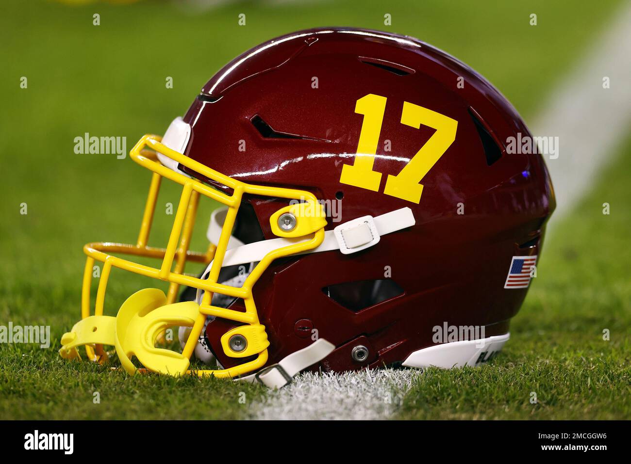 FILE - The helmet of Washington Football Team wide receiver Terry McLaurin (17) is shown before an NFL football game against the Philadelphia Eagles Tuesday, Dec. 21, 2021, in Philadelphia. Washington's NFL FILE - The helmet of Washington Football Team wide receiver Terry McLaurin (17) is shown before an NFL football game against the Philadelphia Eagles Tuesday, Dec. 21, 2021, in Philadelphia. Washington's NFL