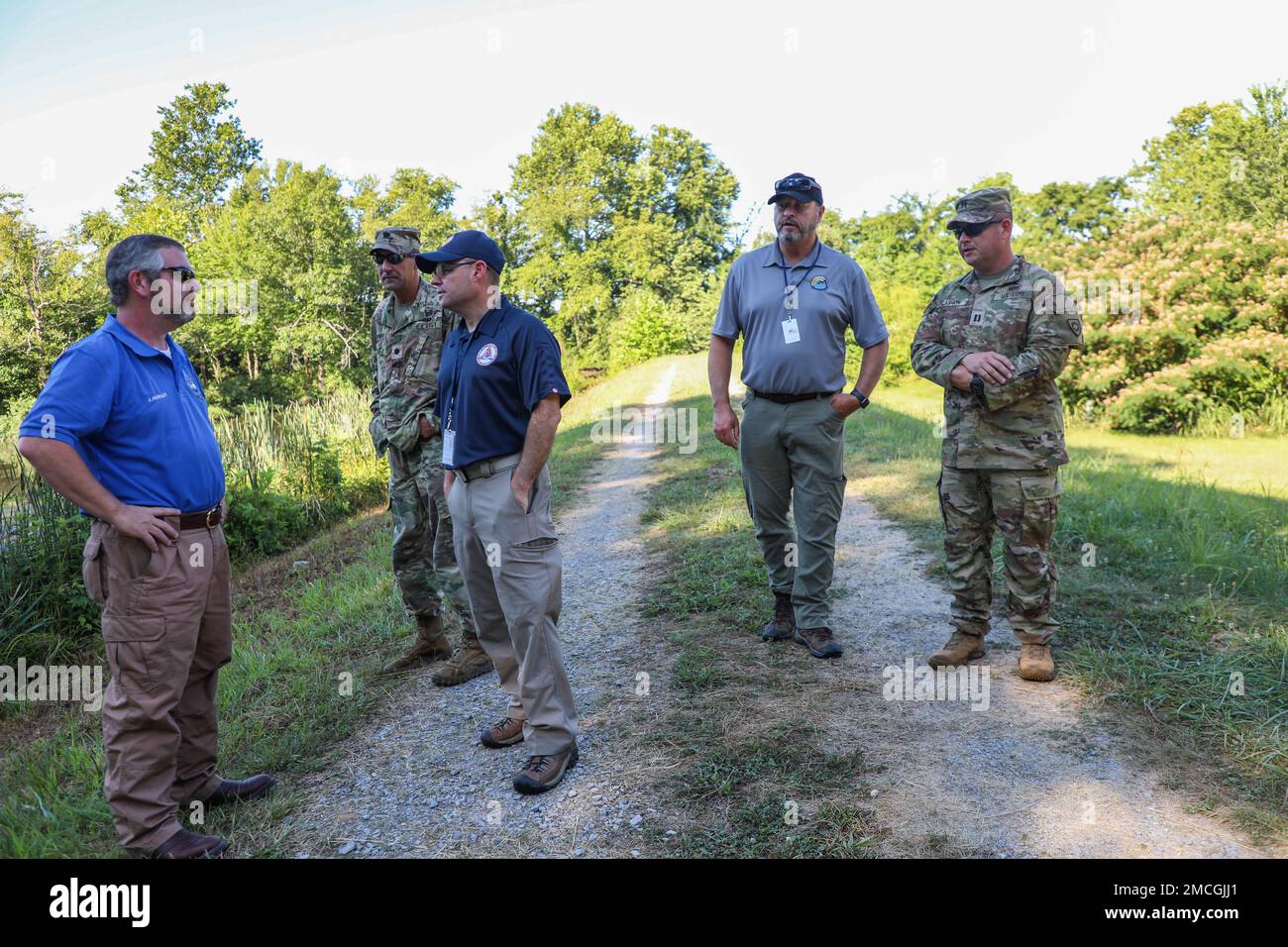 Senior leaders from Kentucky Emergency Management and the Kentucky National Guard monitor water levels in Old City Lake during their visit to Marion, Ky., July 1, 2022. Stock Photo