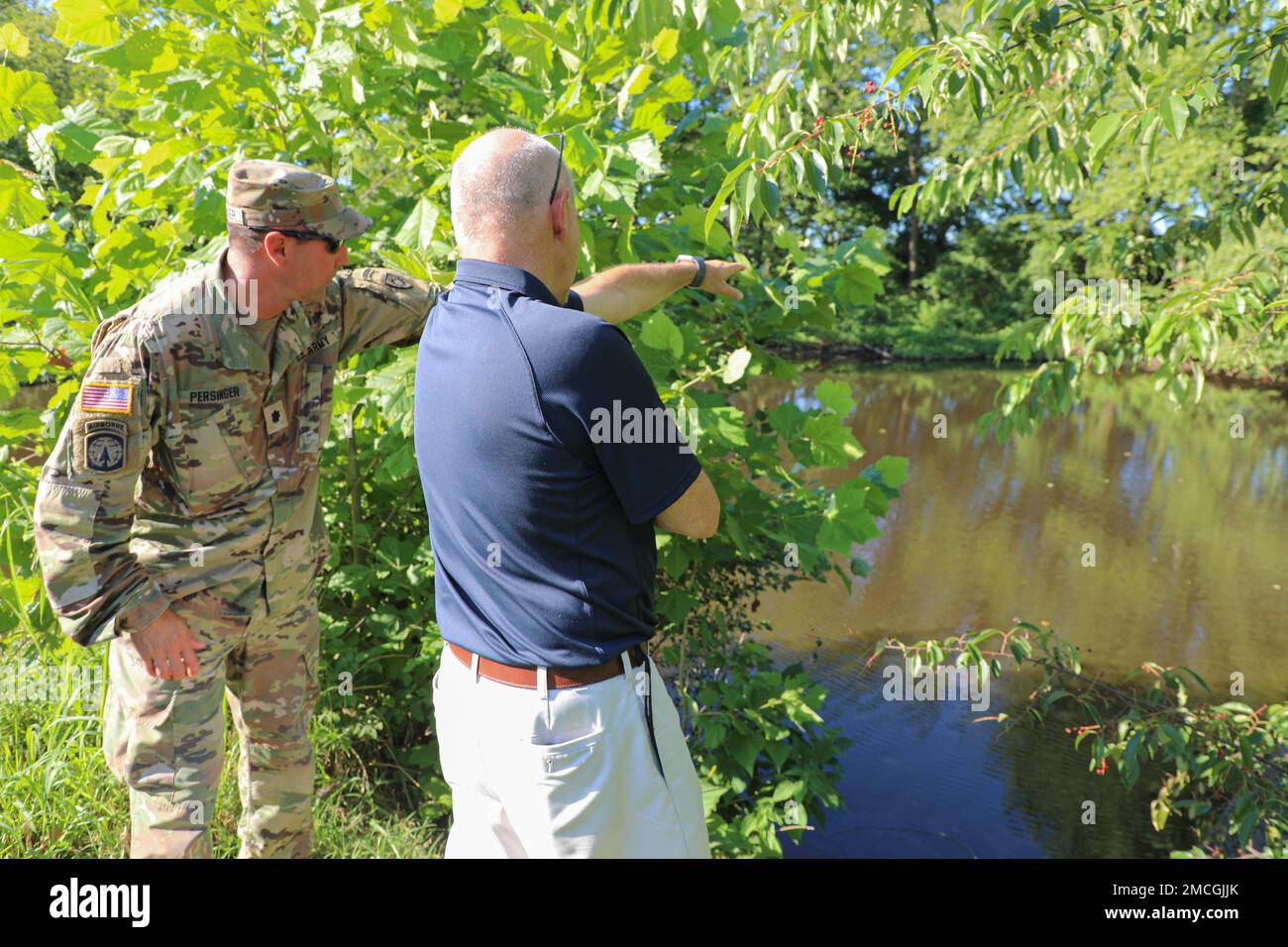Senior leaders from Kentucky Emergency Management and the Kentucky National Guard monitor water levels in Old City Lake during their visit to Marion, Ky., July 1, 2022. Stock Photo