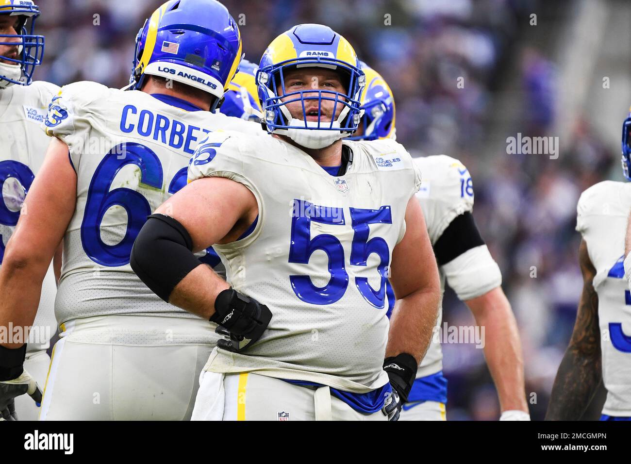 Los Angeles Rams center Brian Allen (55) looks on between plays during ...