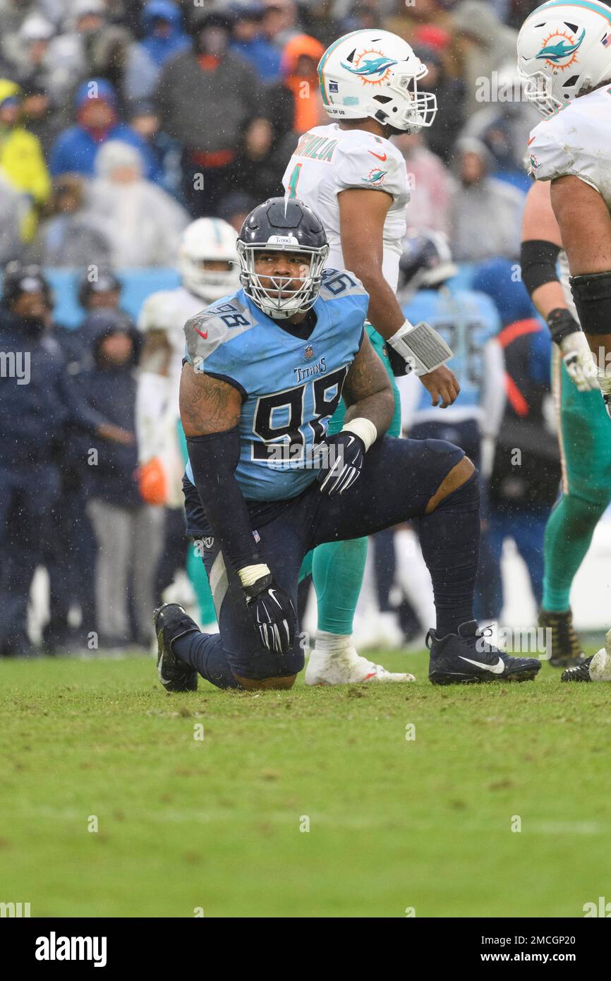 Tennessee Titans defensive tackle Jeffery Simmons holds the game ball as he  answers questions after an NFL football game against the Buffalo Bills  Monday, Oct. 18, 2021, in Nashville, Tenn. (AP Photo/Mark