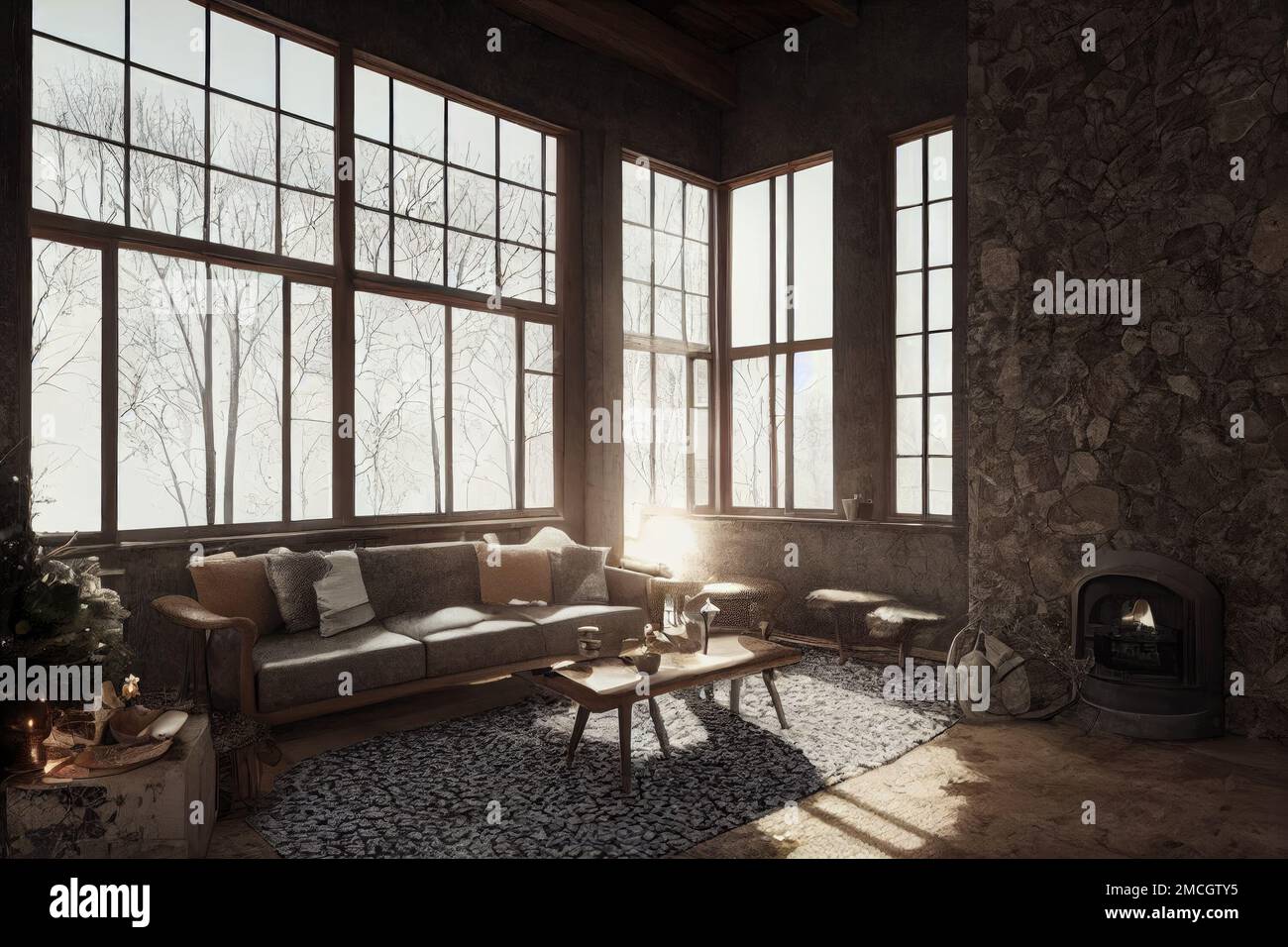 cozy living room interior with a cobblestone fireplace in winter Stock ...