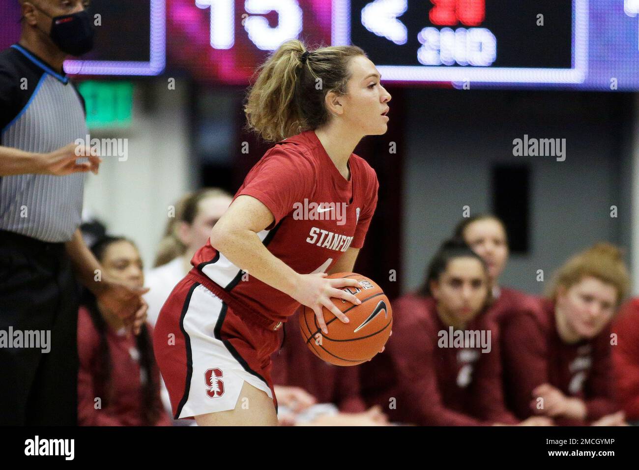 Stanford guard Jana Van Gytenbeek controls the ball during the first ...