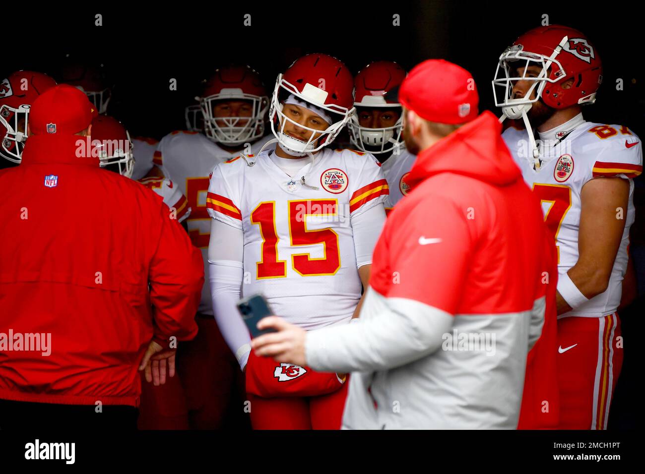 Kansas City Chiefs quarterback Patrick Mahomes (15) stands for the