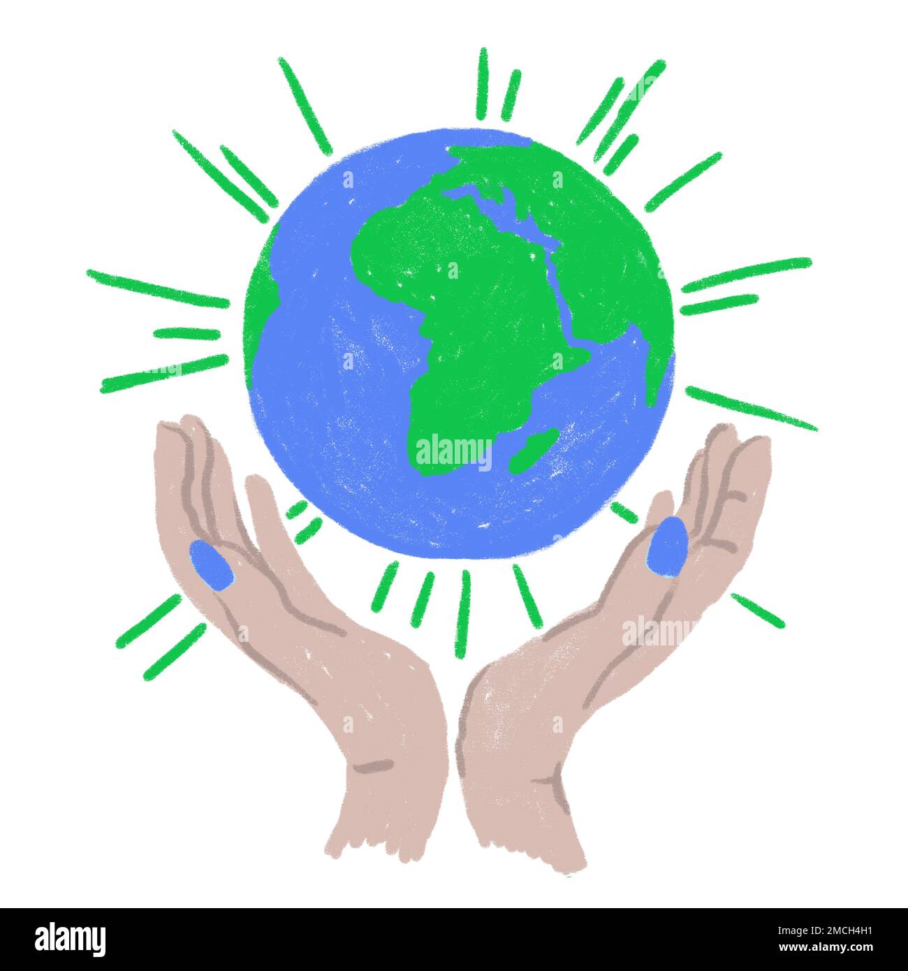 Hand drawn illustration of Earth Day globe planet ecology protection, human hands holding. Blue green sphere with ocean land, ecological environmental concept, pollution icon symbol, cartoon style Stock Photo