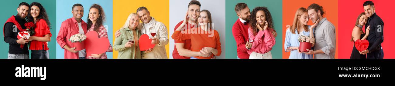 Set of happy couples on color background. Valentine's Day celebration ...
