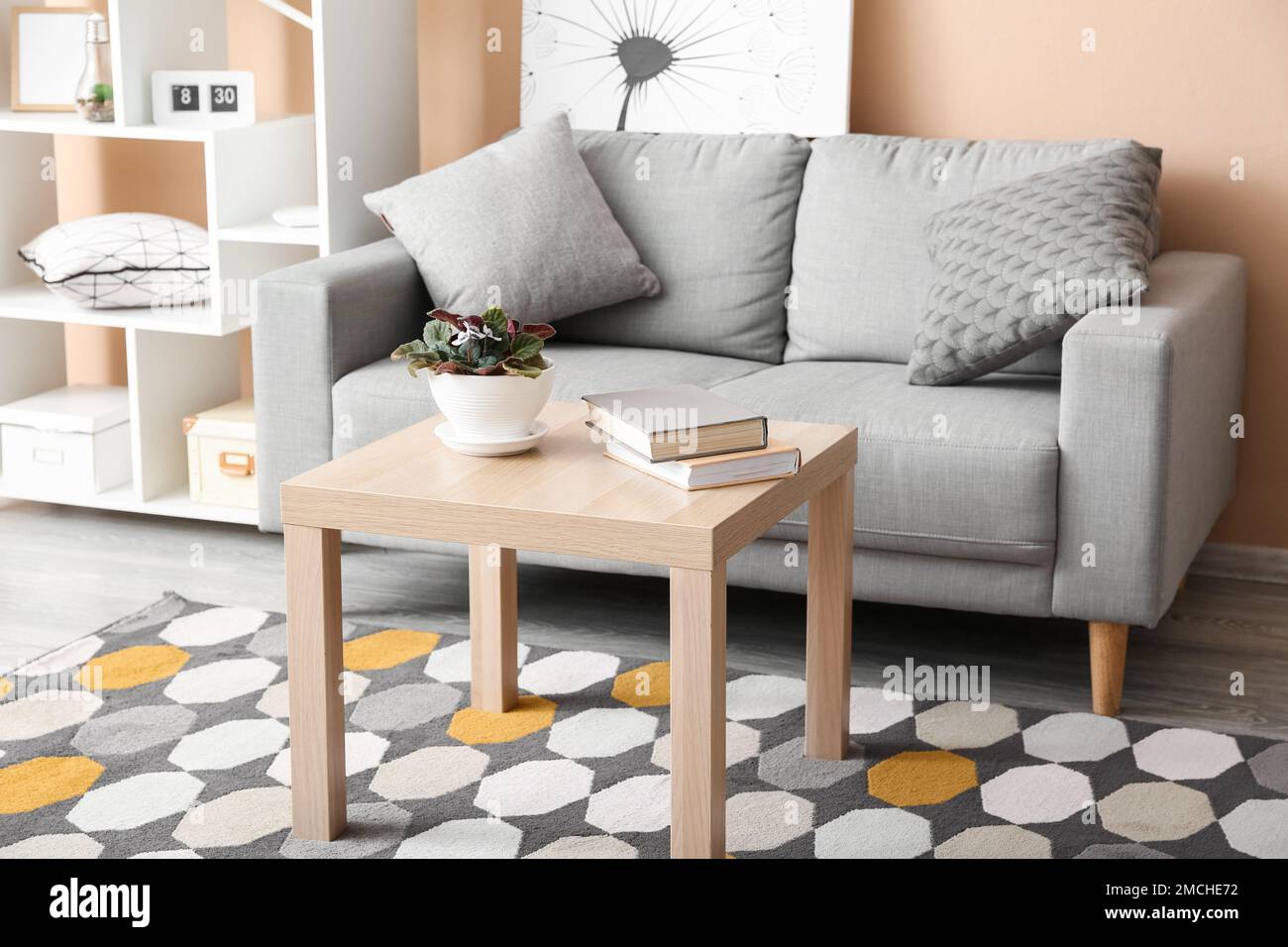 Interior of stylish living room with grey sofa, table and shelving unit ...