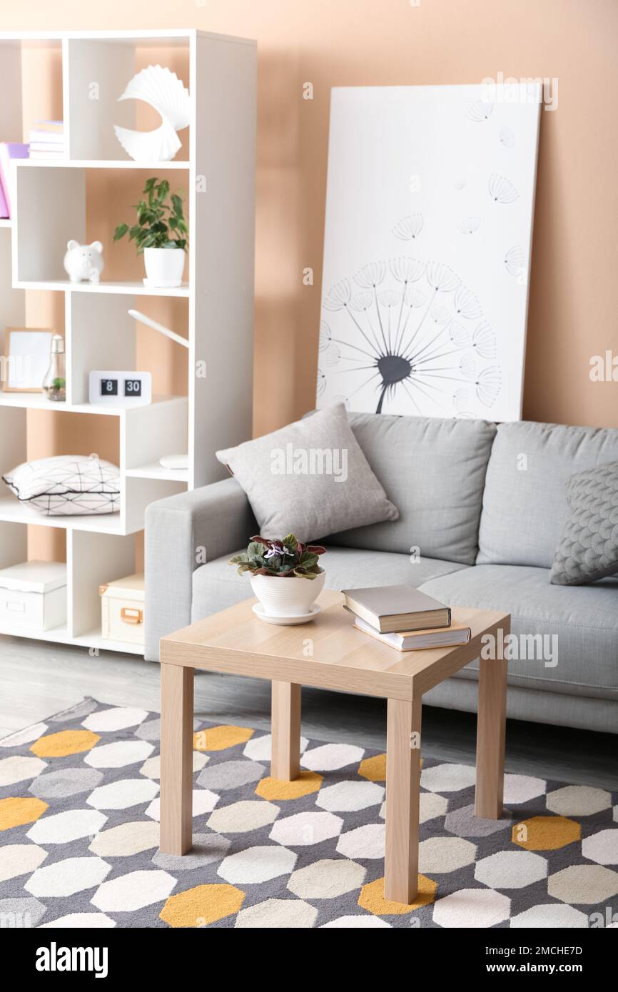 Interior of stylish living room with grey sofa, table and shelving unit ...