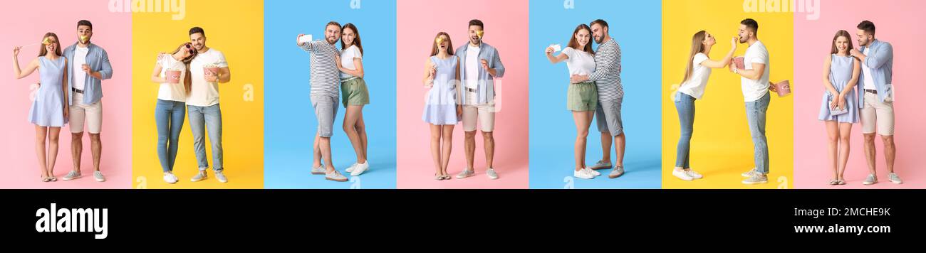 Set of young couples in love on colorful background Stock Photo - Alamy